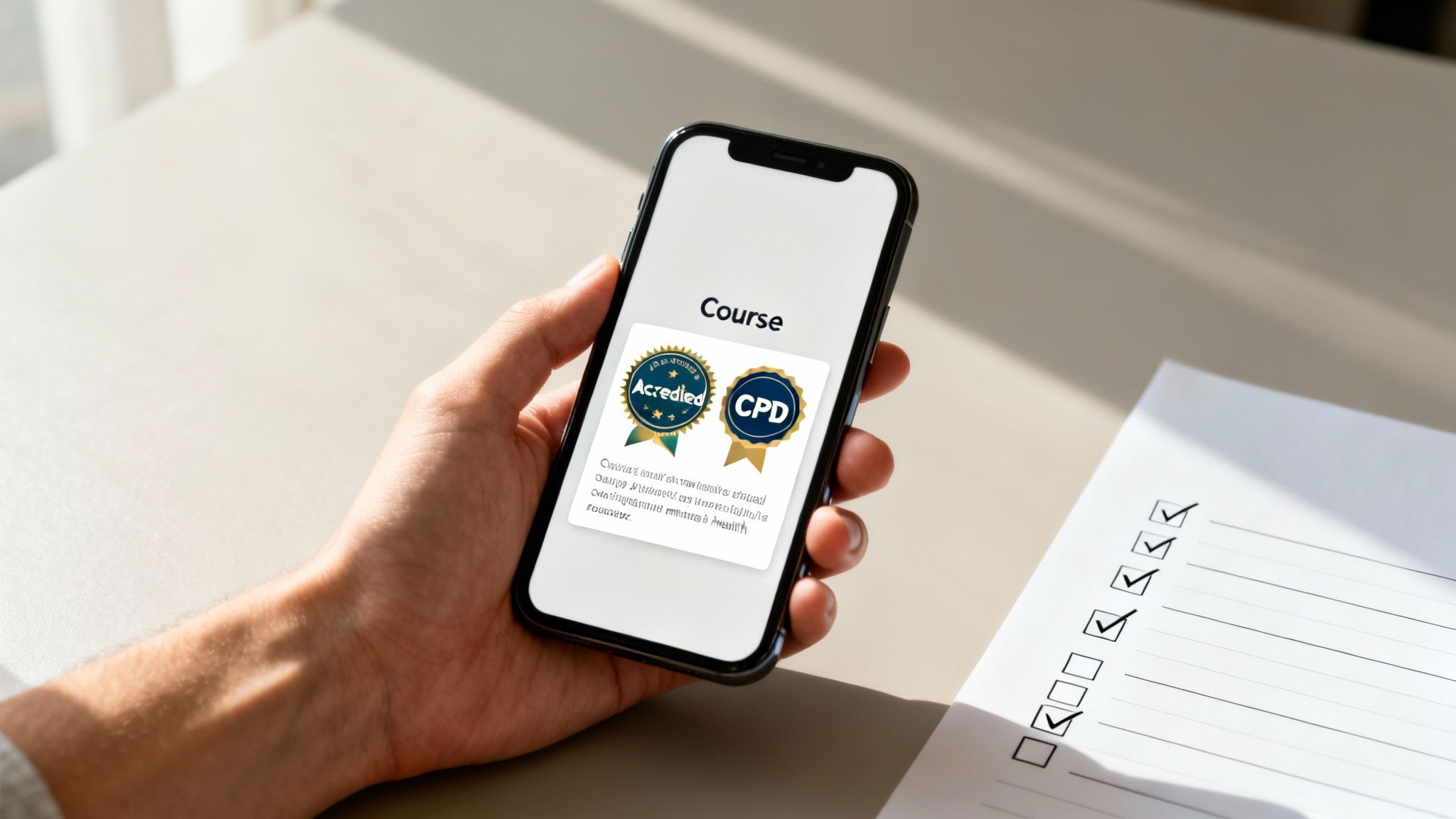 A hand holds a smartphone displaying course accreditation badges and text, next to a checklist.