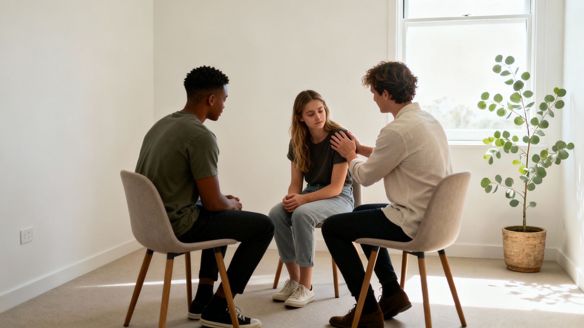 Three young adults sit in a support group session, one man comforting a sad woman.