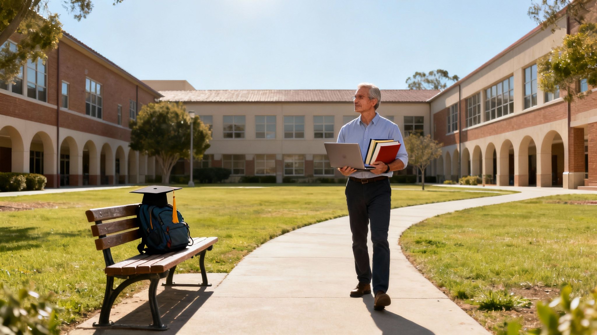 A mature man walks on a sunny university campus path, carrying a laptop and books, with a graduation cap on a nearby bench.