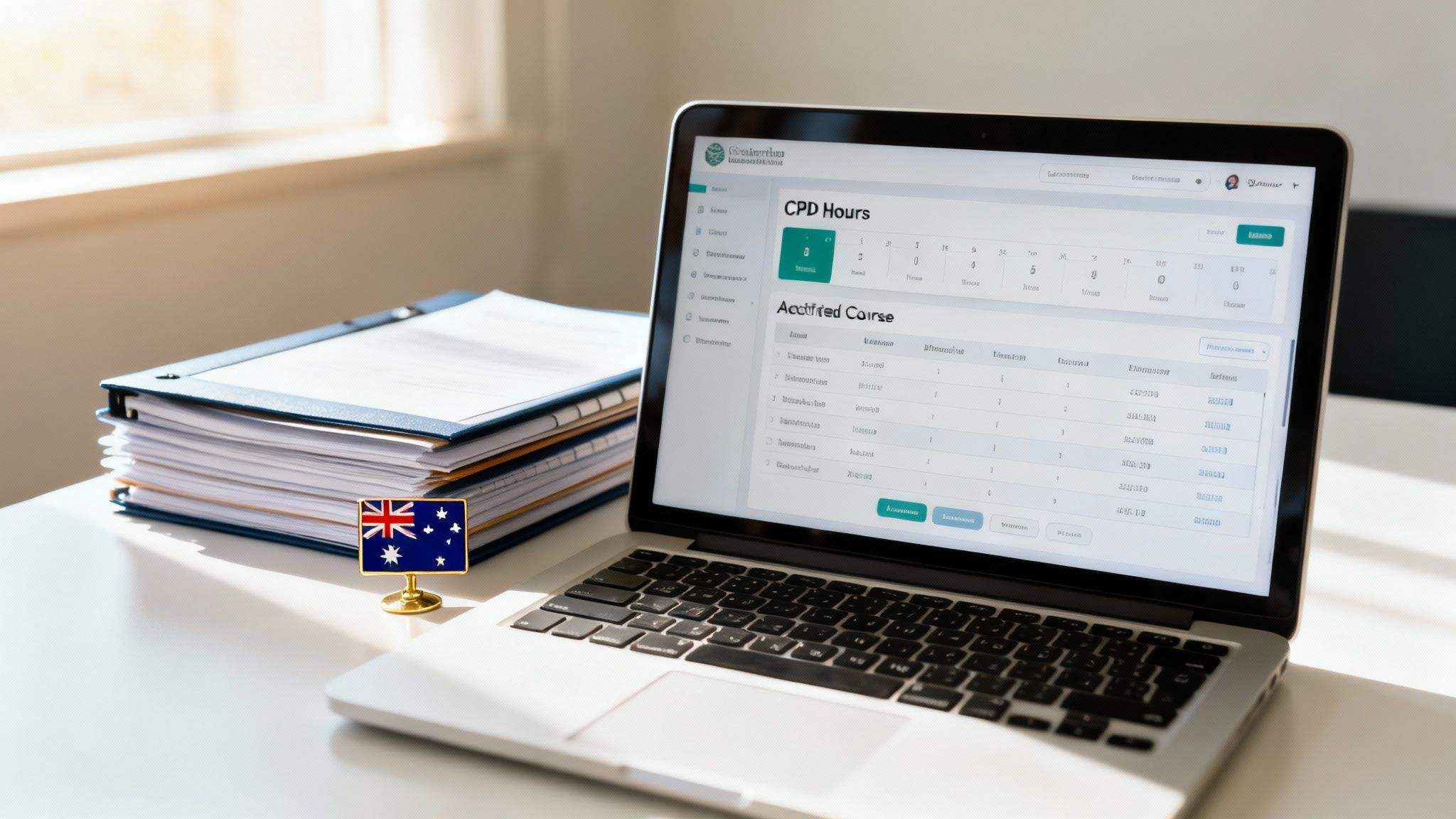 A laptop displaying a 'CPD Hours' dashboard on a desk with documents and an Australian flag.