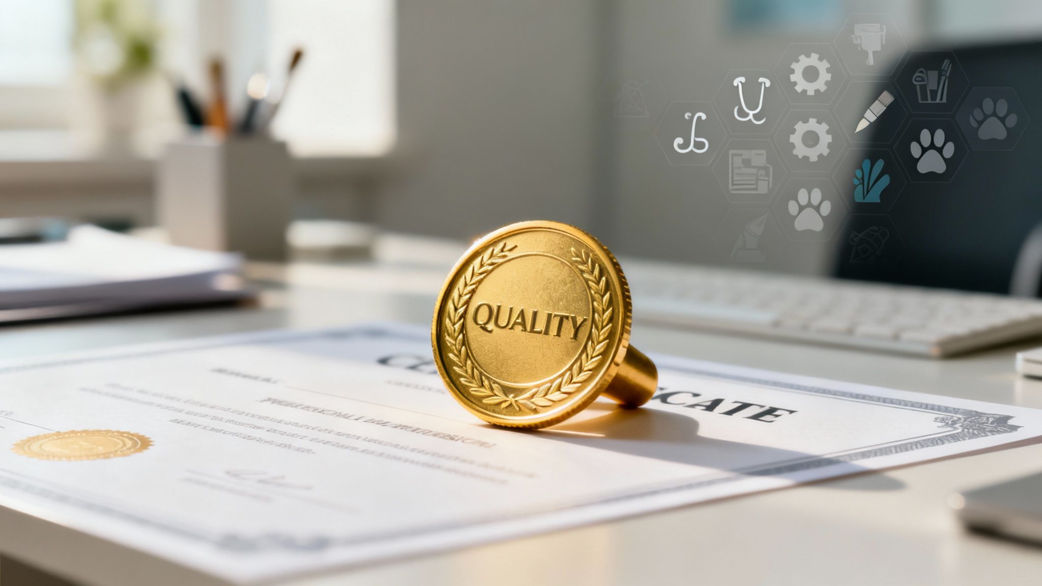 A gold 'QUALITY' stamp rests on a certificate, surrounded by professional service icons on a desk.