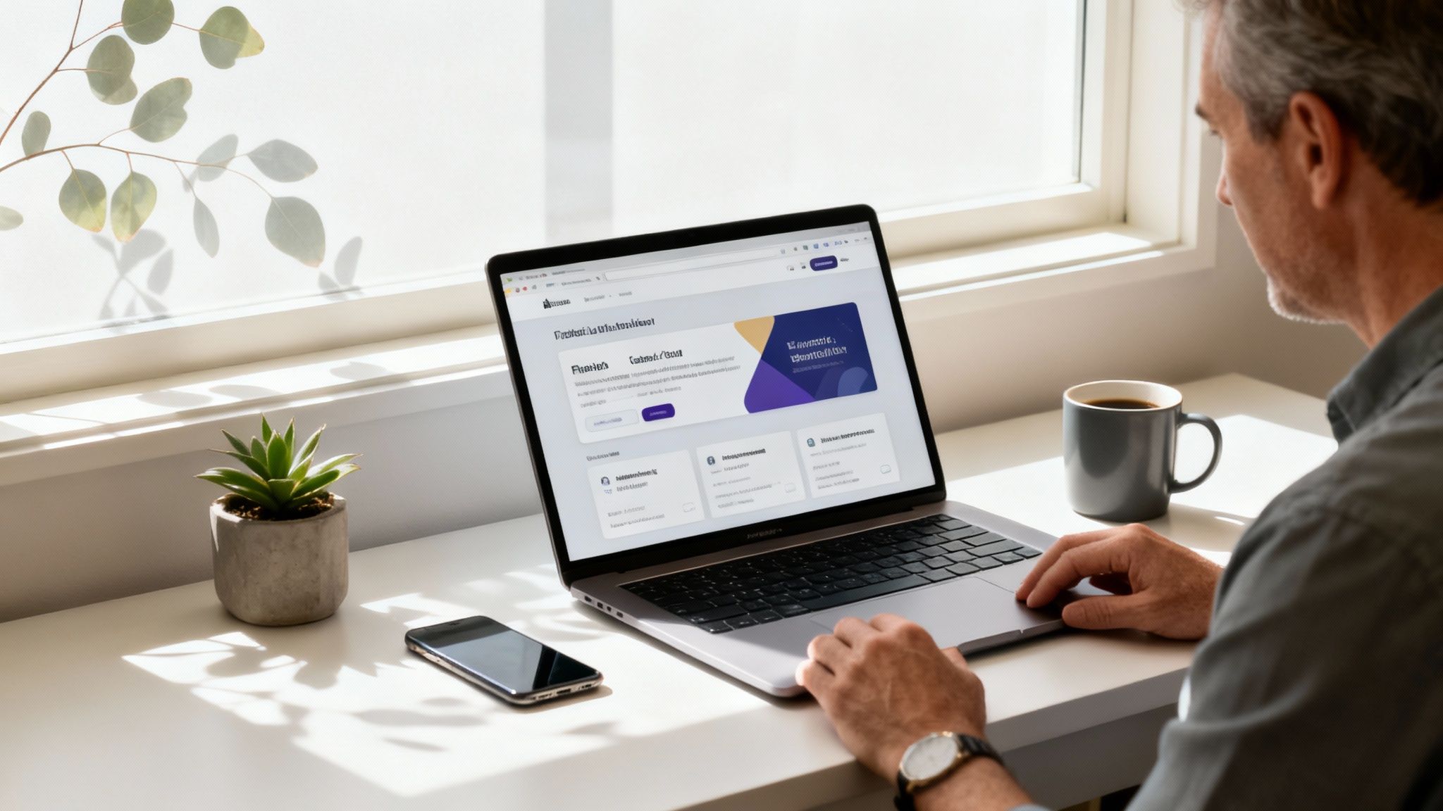 Mature man focused on a laptop screen displaying an online business course, in a sunlit home office.