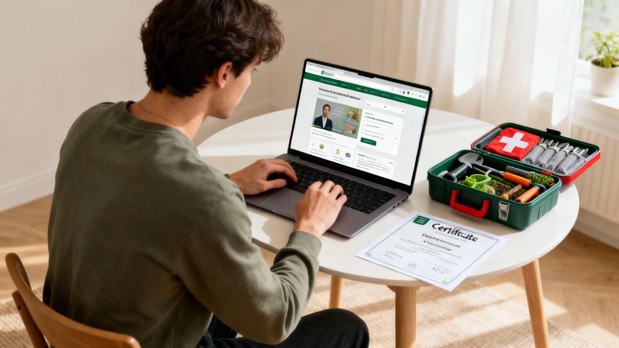 A man engrossed in online learning on a laptop, with a certificate and diverse tool kits on a table.