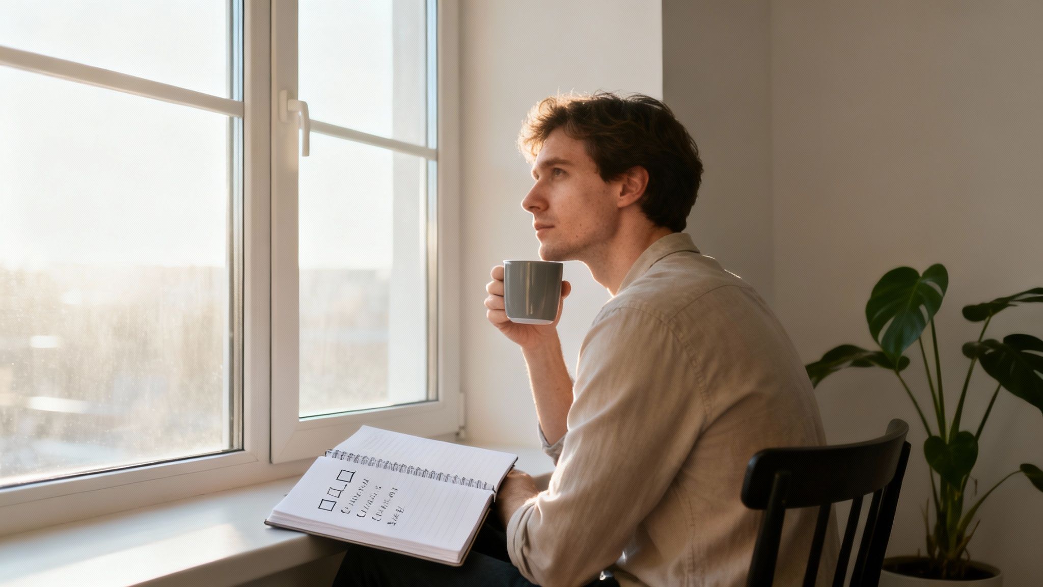 A pensive man holds a mug, gazing out a sunlit window next to an open checklist notebook.