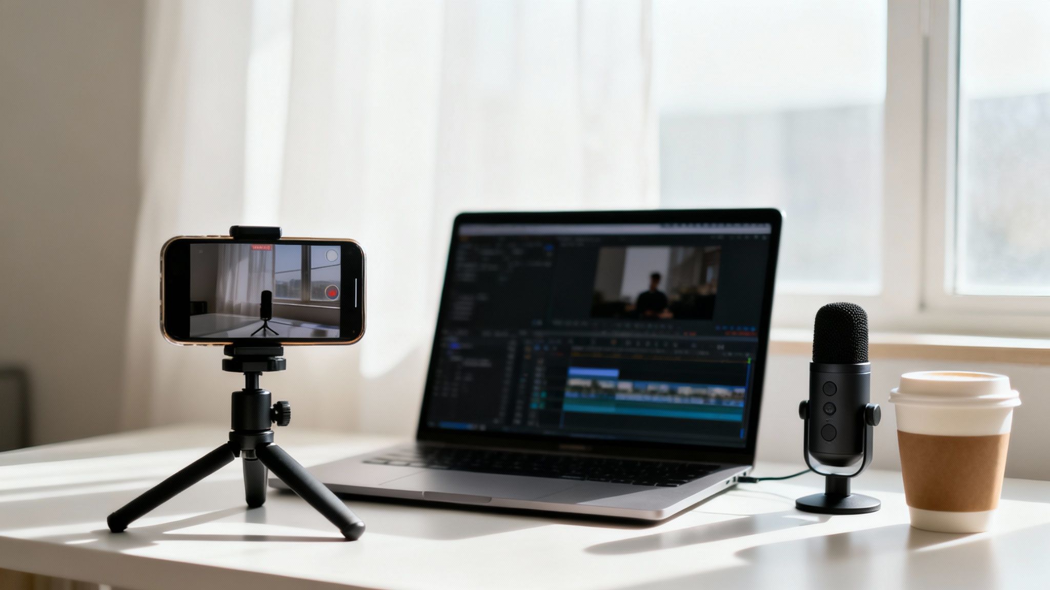 A modern content creation setup featuring a smartphone on a tripod, laptop, microphone, and coffee.
