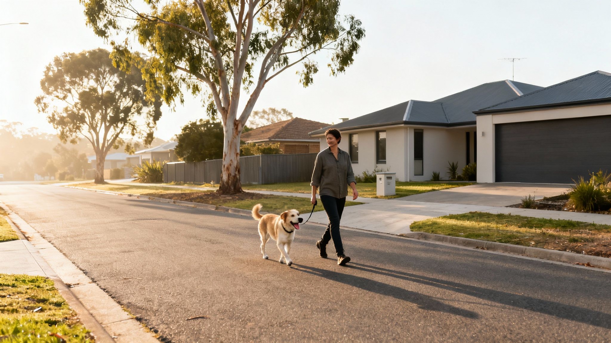 A woman and her golden retriever dog walk on a sunny street in a quiet neighborhood.