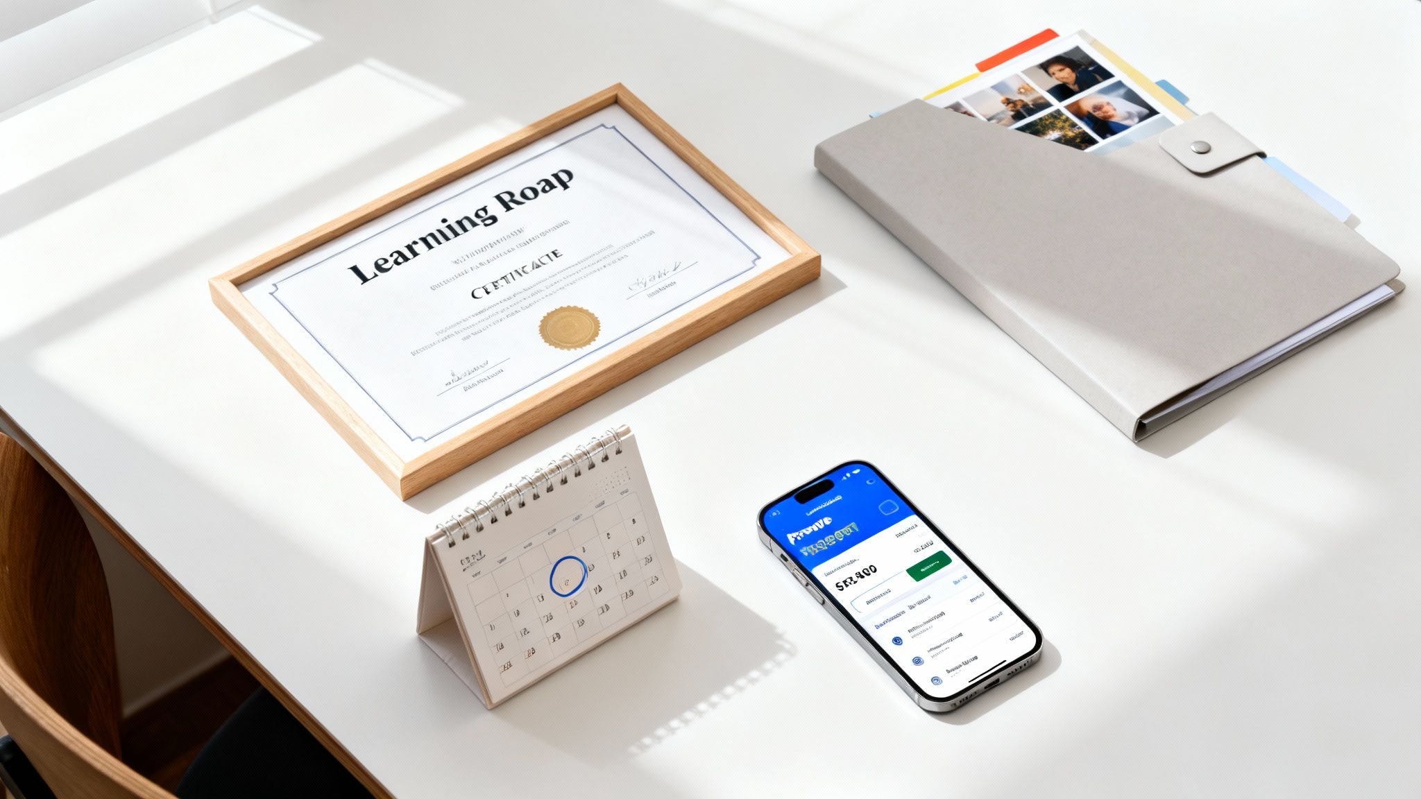A well-lit desk setup with a framed certificate, a smartphone showing a financial app, a calendar, and a folder.