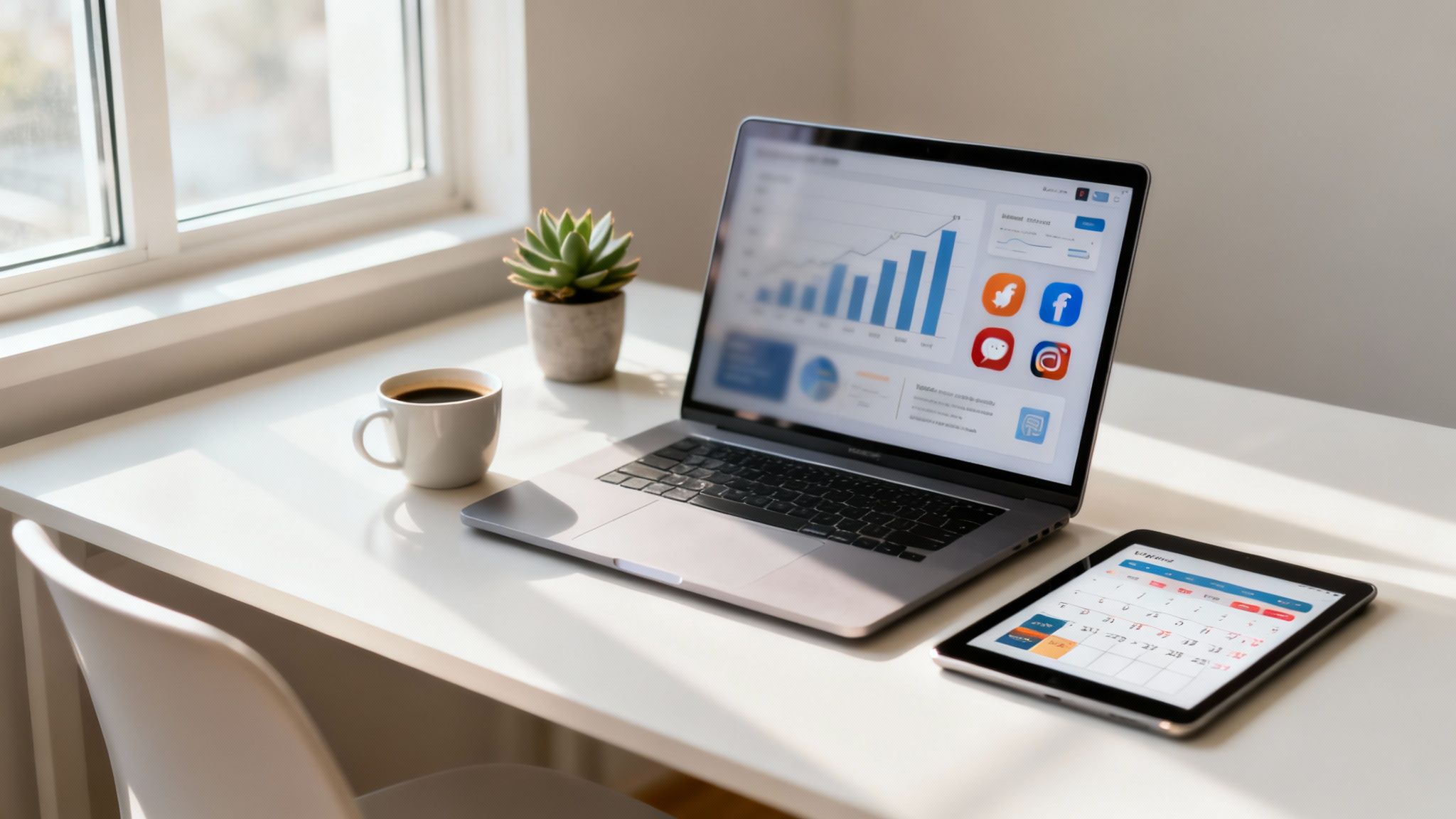 A clean, bright work-from-home setup with a laptop displaying data, a tablet, coffee, and a plant.