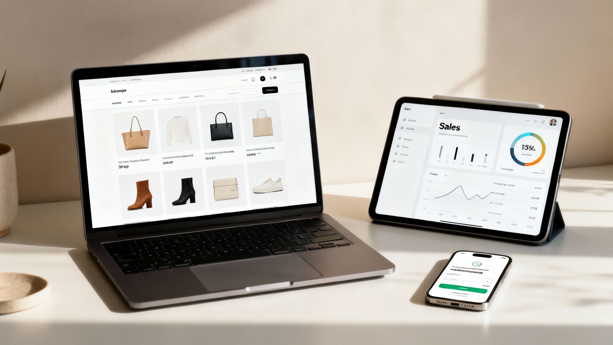 Modern workspace with laptop showing online store, tablet displaying sales data, and a phone.