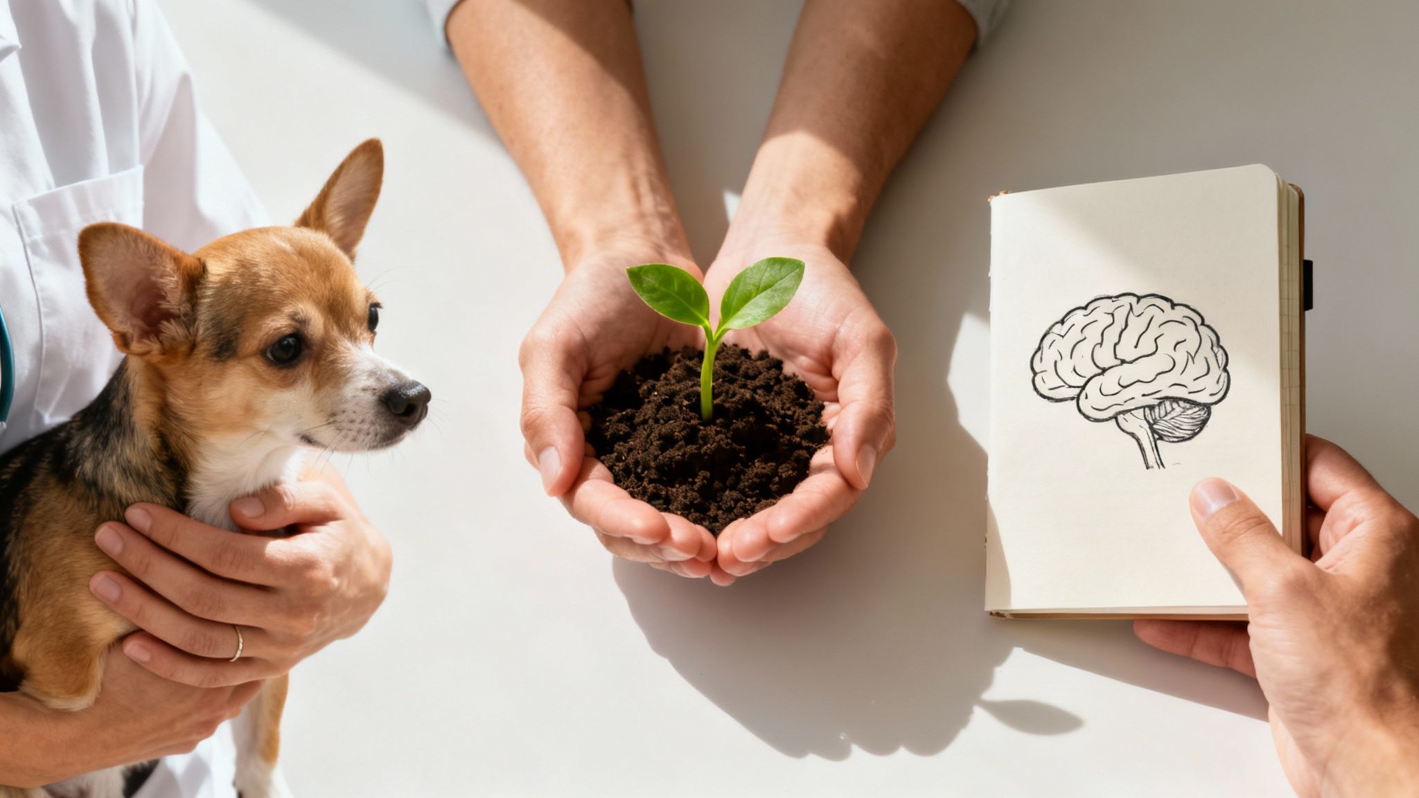 A vet holding a small dog, hands cupping a seedling, and a notebook with a brain drawing.