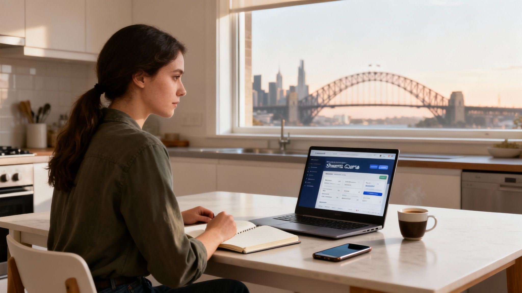 Woman focused on her laptop, likely studying online courses, at a kitchen counter overlooking a city.