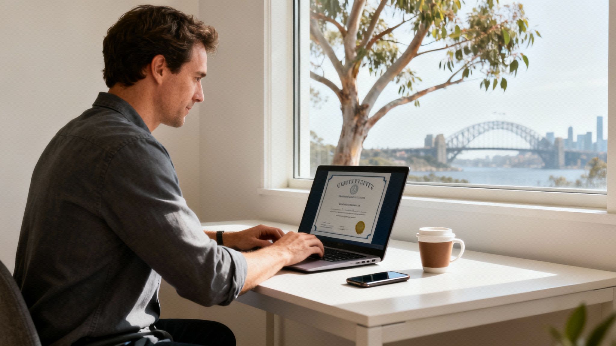 Man typing on a laptop showing an online certificate, with a Sydney cityscape view.
