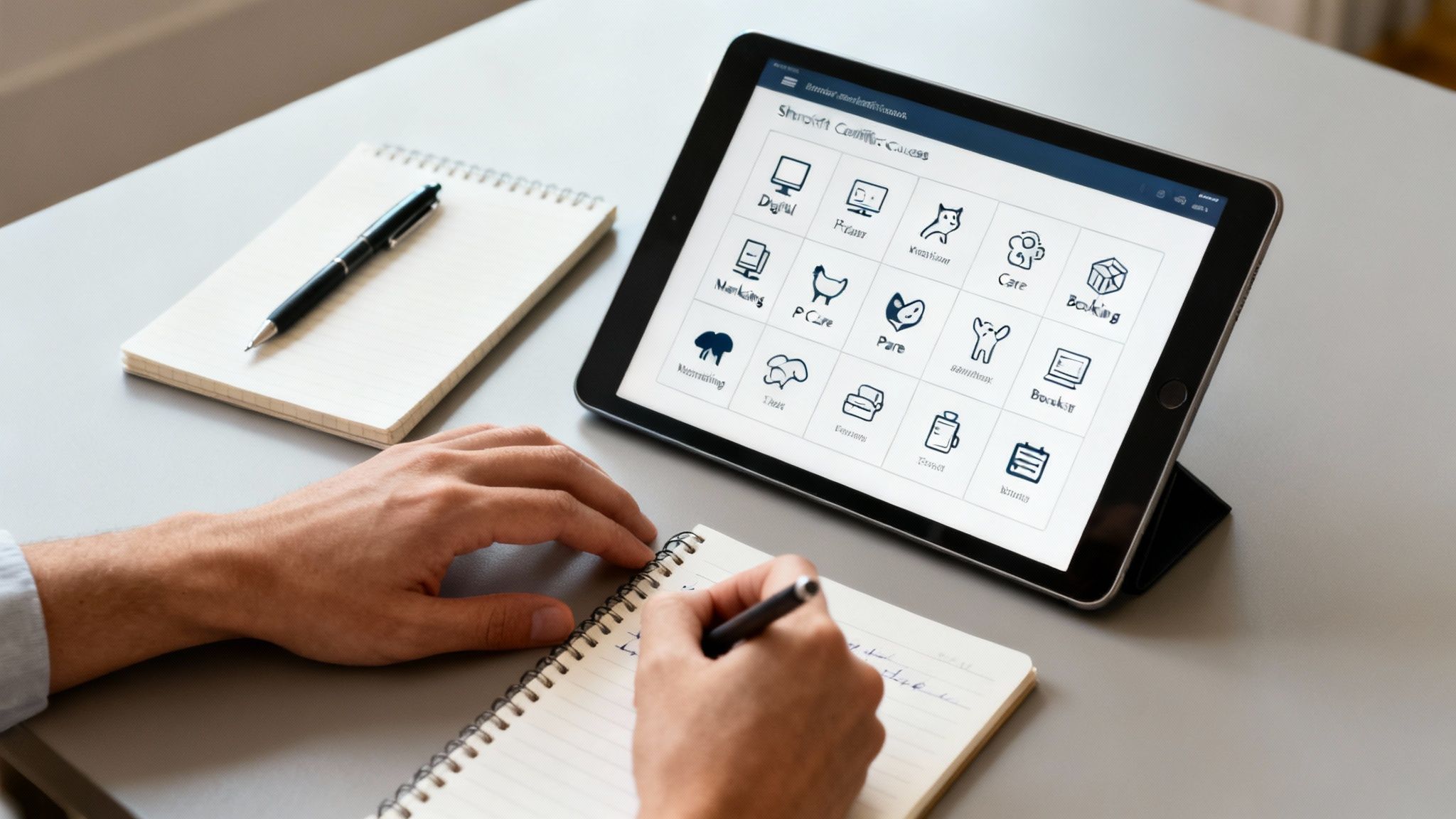 A person takes notes from a tablet displaying various online certificate courses and icons.