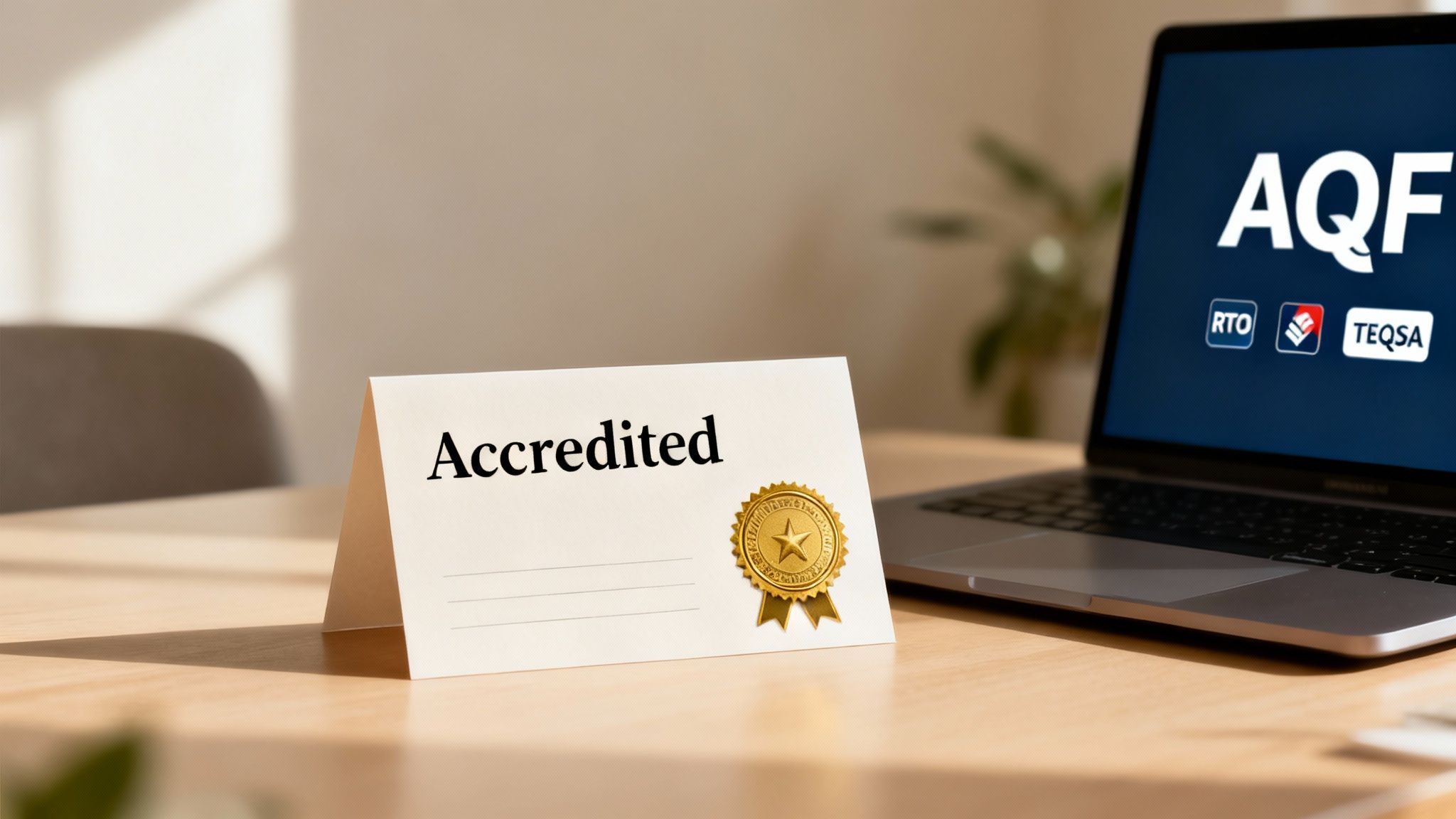 An 'Accredited' sign with a gold seal on a desk, next to a laptop displaying AQF, RTO, and TEQSA.