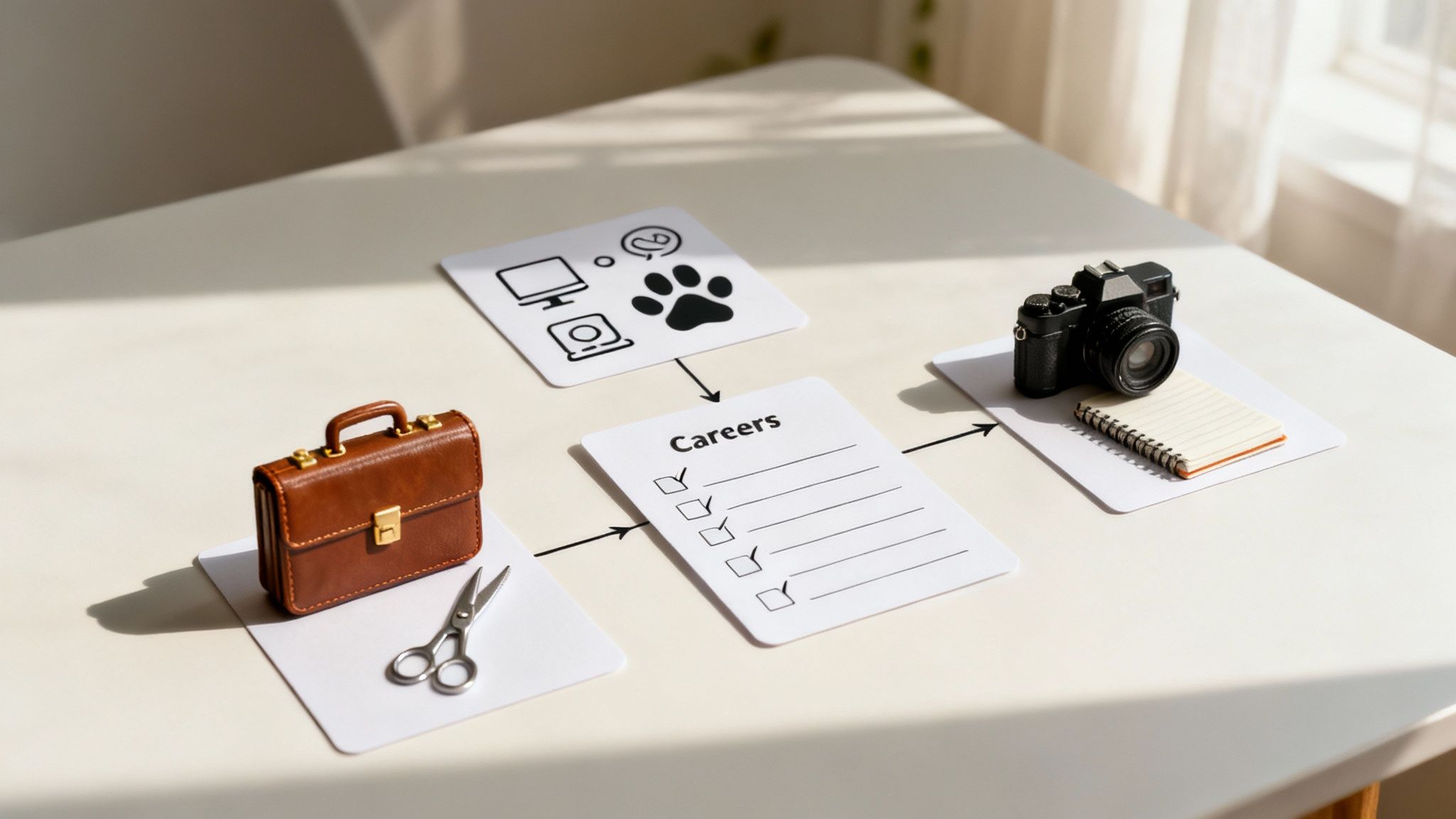 A visual diagram on a table showing cards representing career paths in business, tech, pet care, and photography.