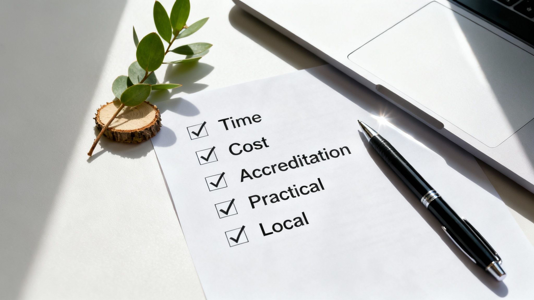 A checklist with "Time", "Cost", "Accreditation", "Practical", and "Local" all checked, next to a pen, laptop, and plant.