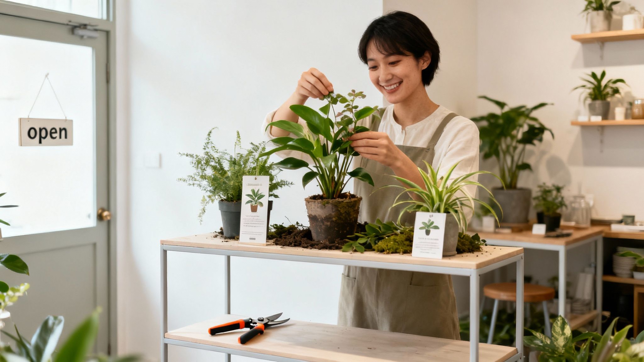 A young Asian woman happily arranges potted plants on a display shelf in a plant store.