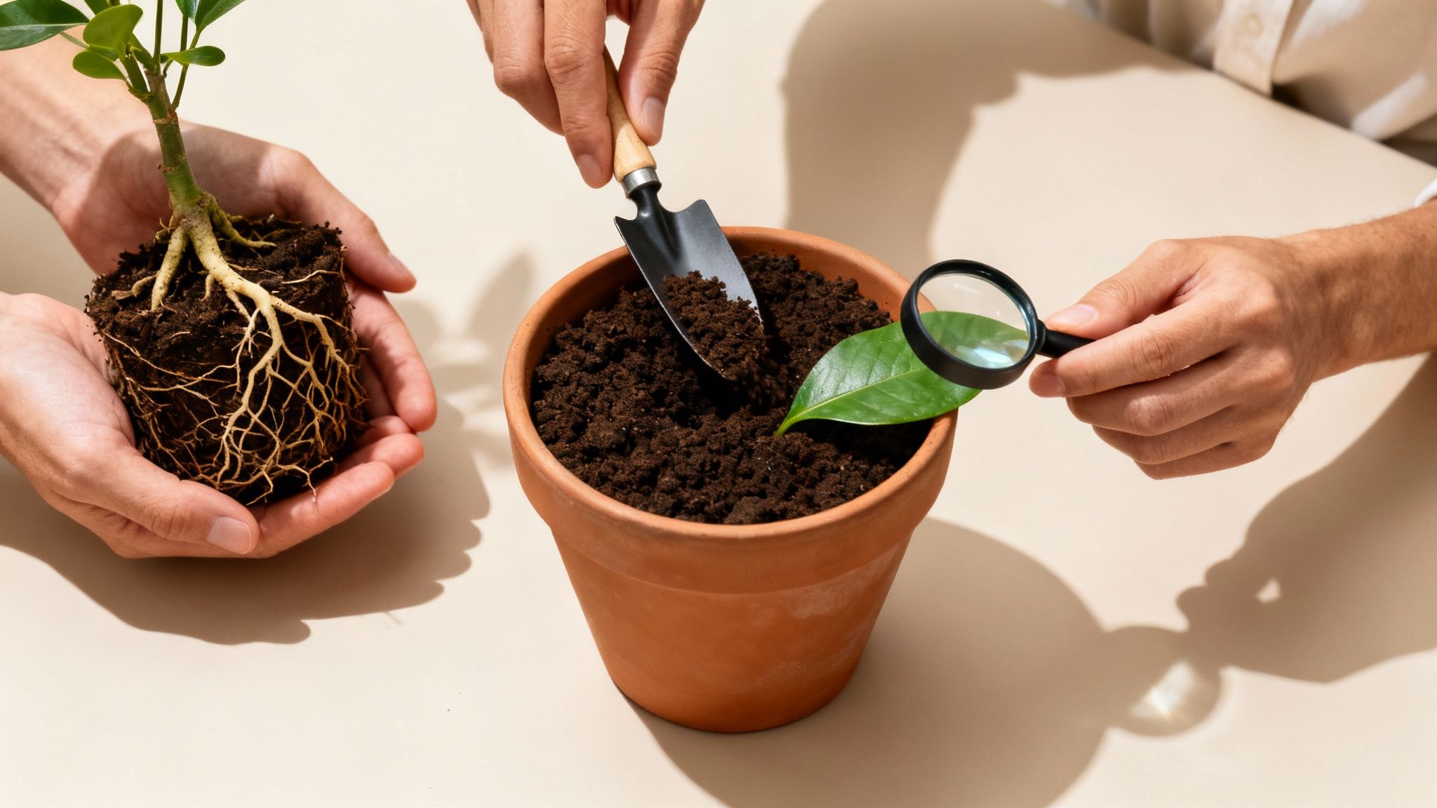 Hands caring for plants, repotting a seedling, adding soil, and inspecting a leaf with a magnifying glass.