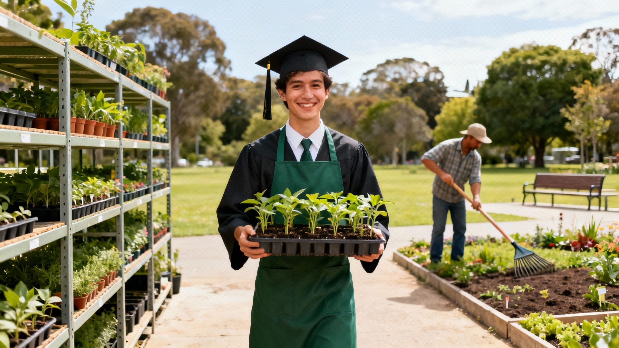 A smiling graduate in cap and gown, wearing a green apron, holds seedlings in a bustling garden.