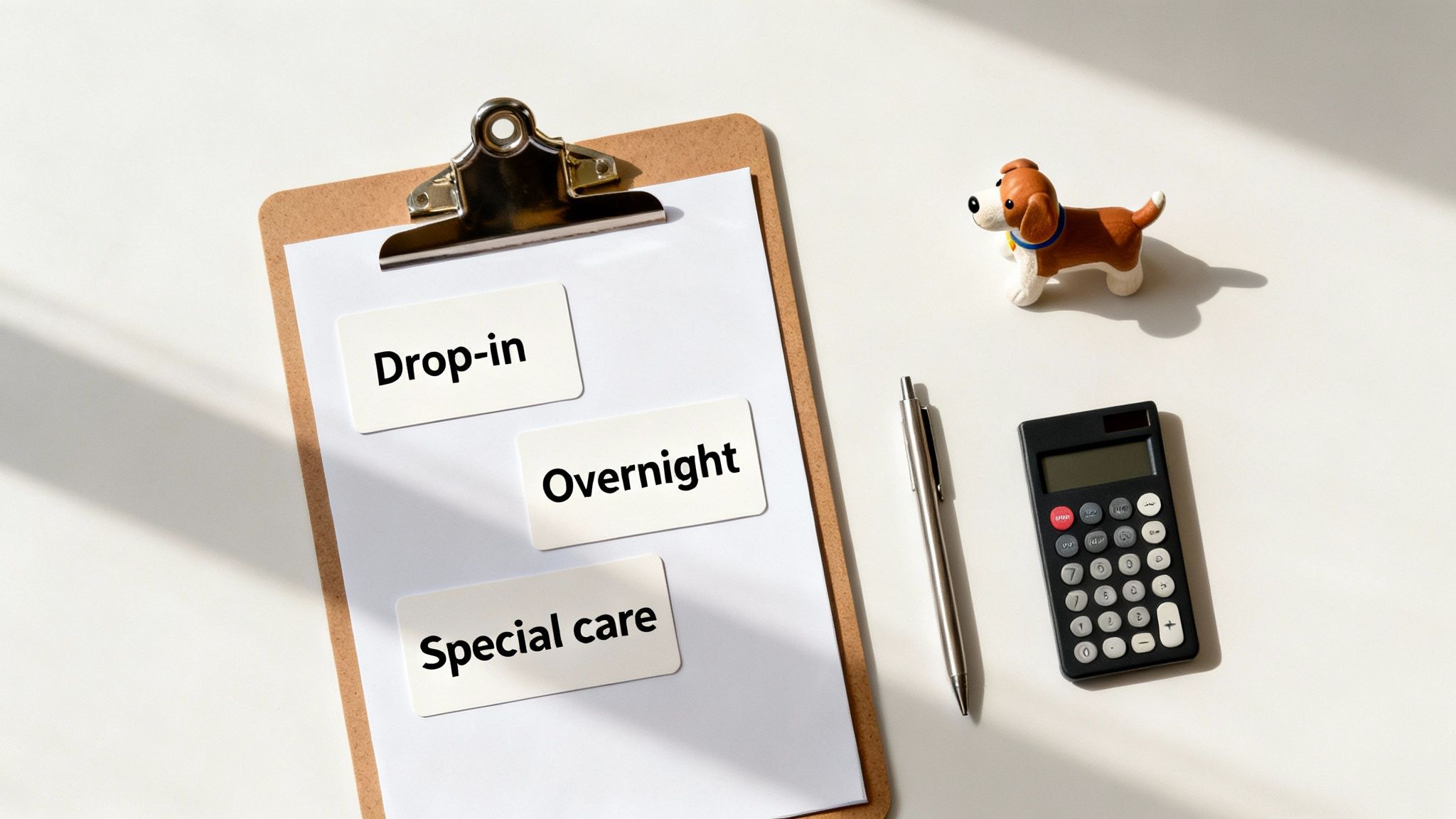 Clipboard displaying 'Drop-in', 'Overnight', 'Special care' pet care options, with a dog figurine, pen, and calculator.