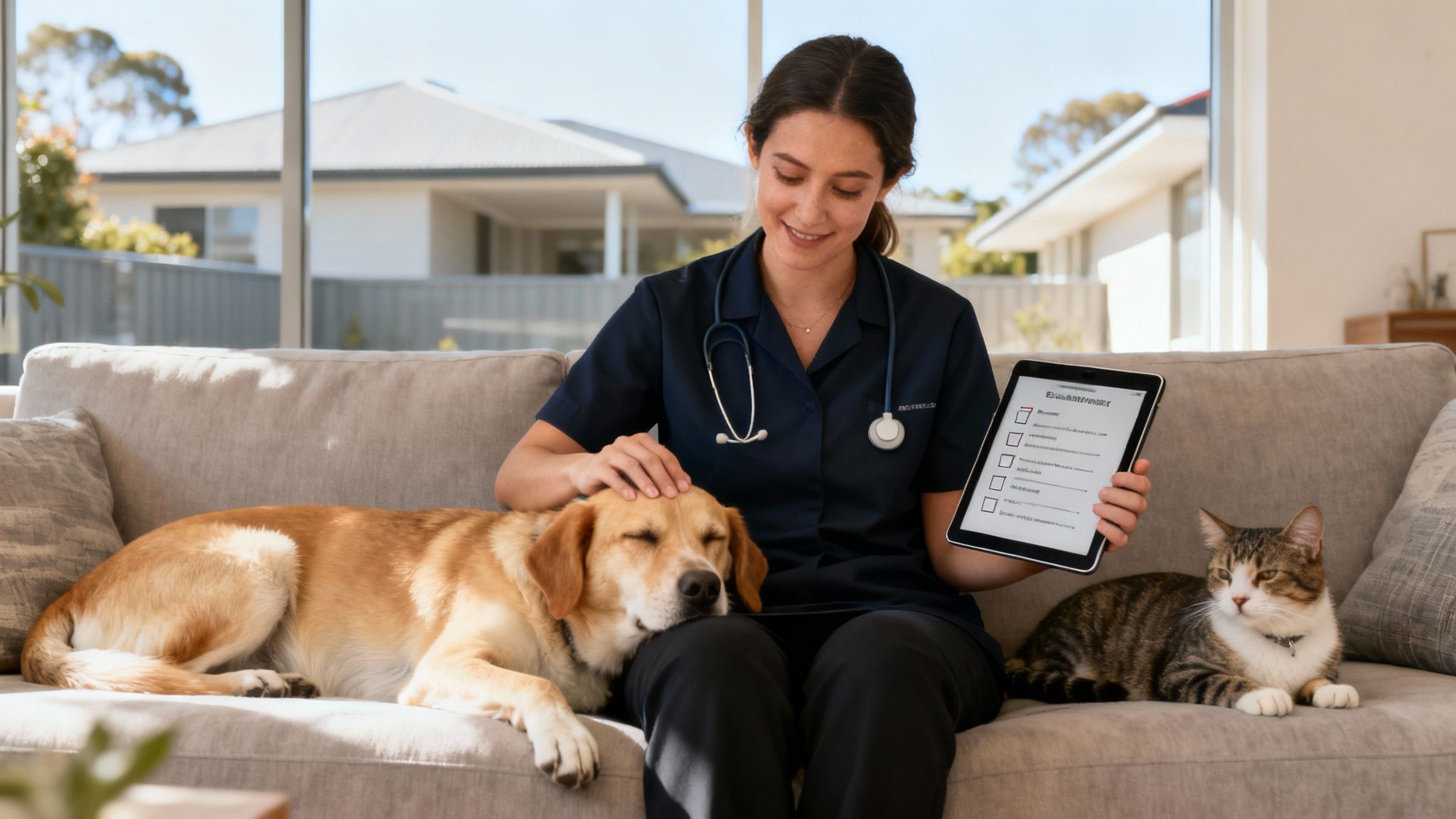 A smiling pet sitter on a couch with a dog and cat, holding a digital tablet.