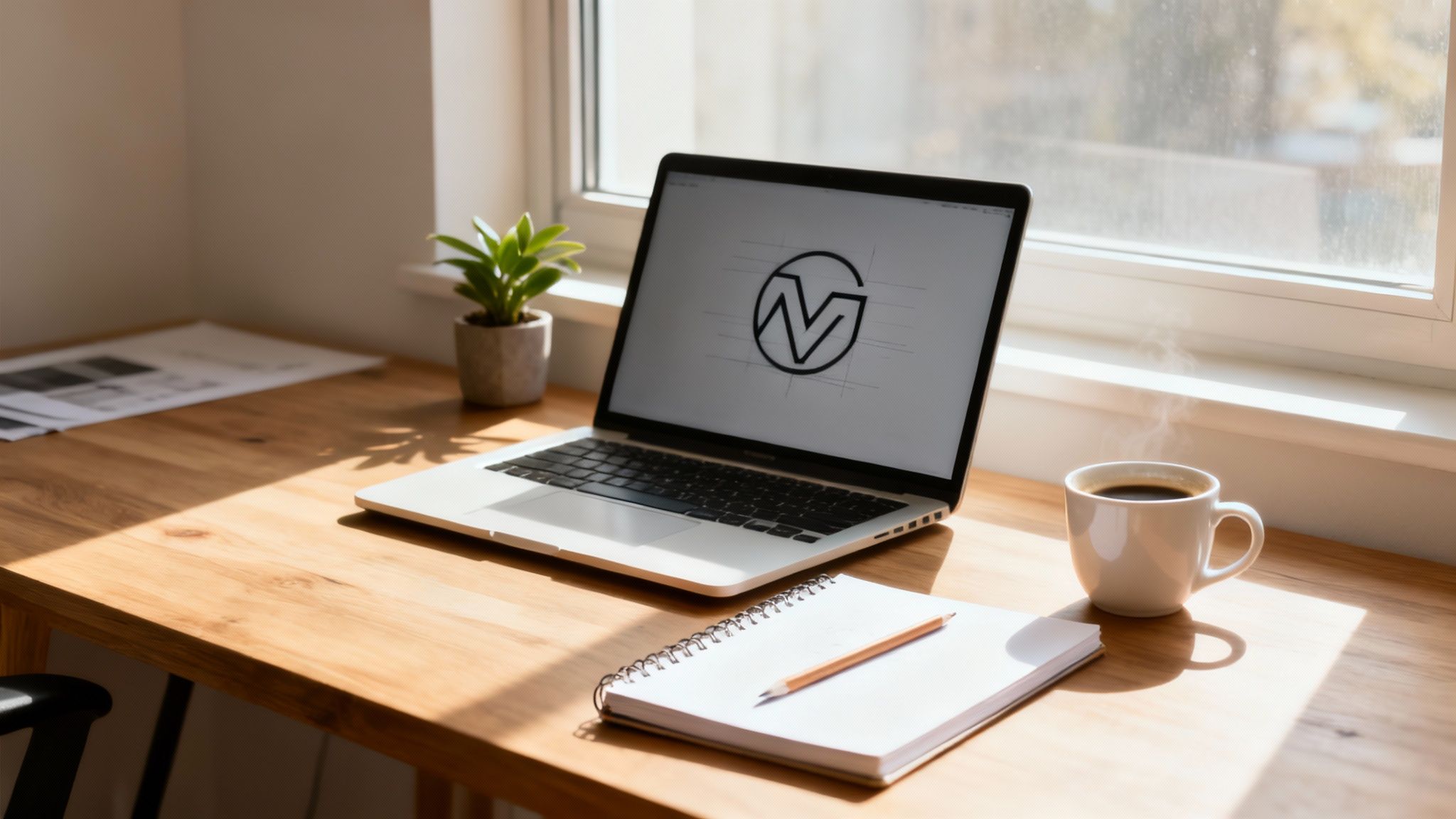 A bright workspace with a laptop showing a graphic design logo, coffee, a notebook, and a plant.