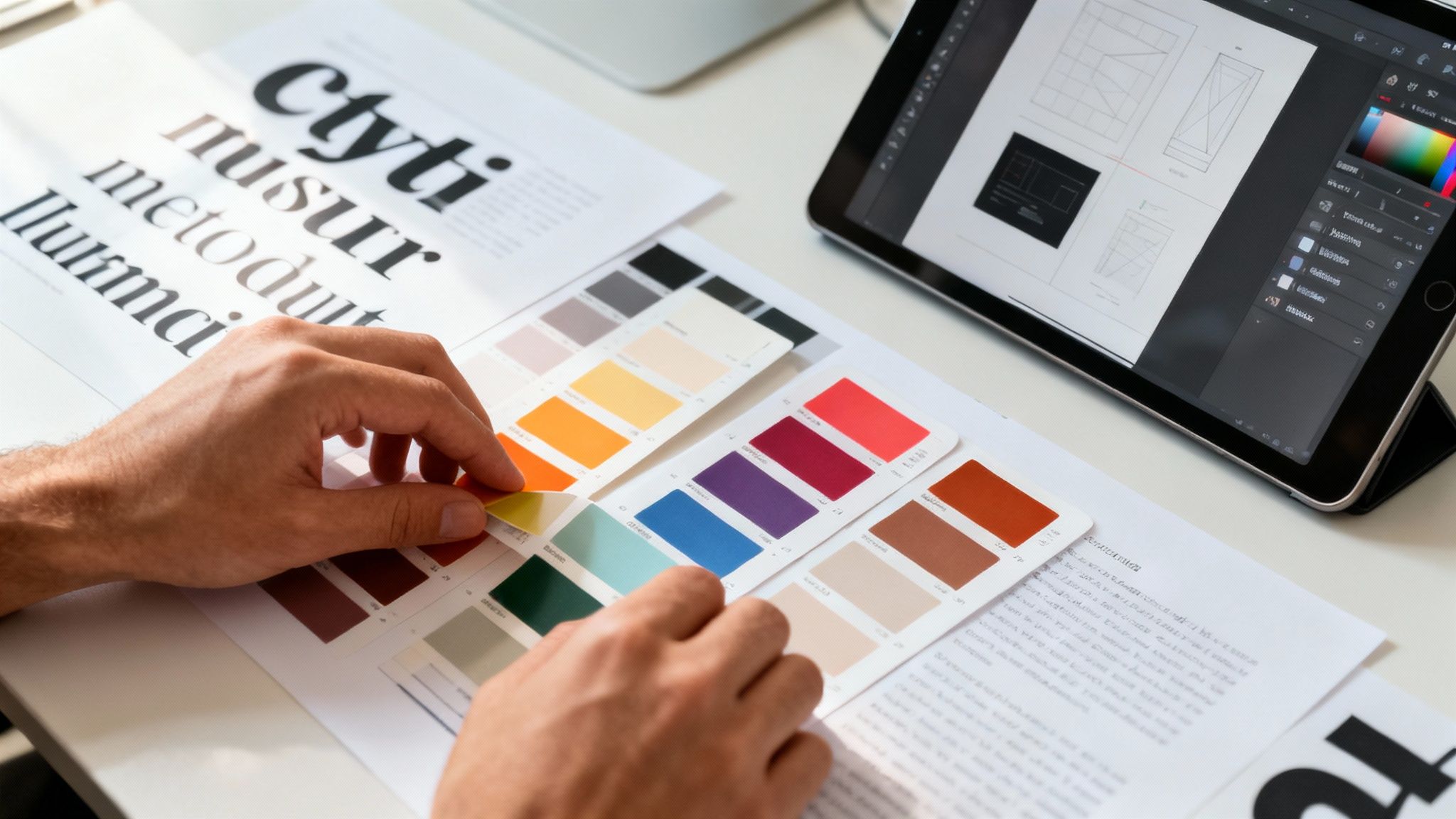 A graphic designer's hands selecting colors from a swatch book, surrounded by design layouts and a tablet.
