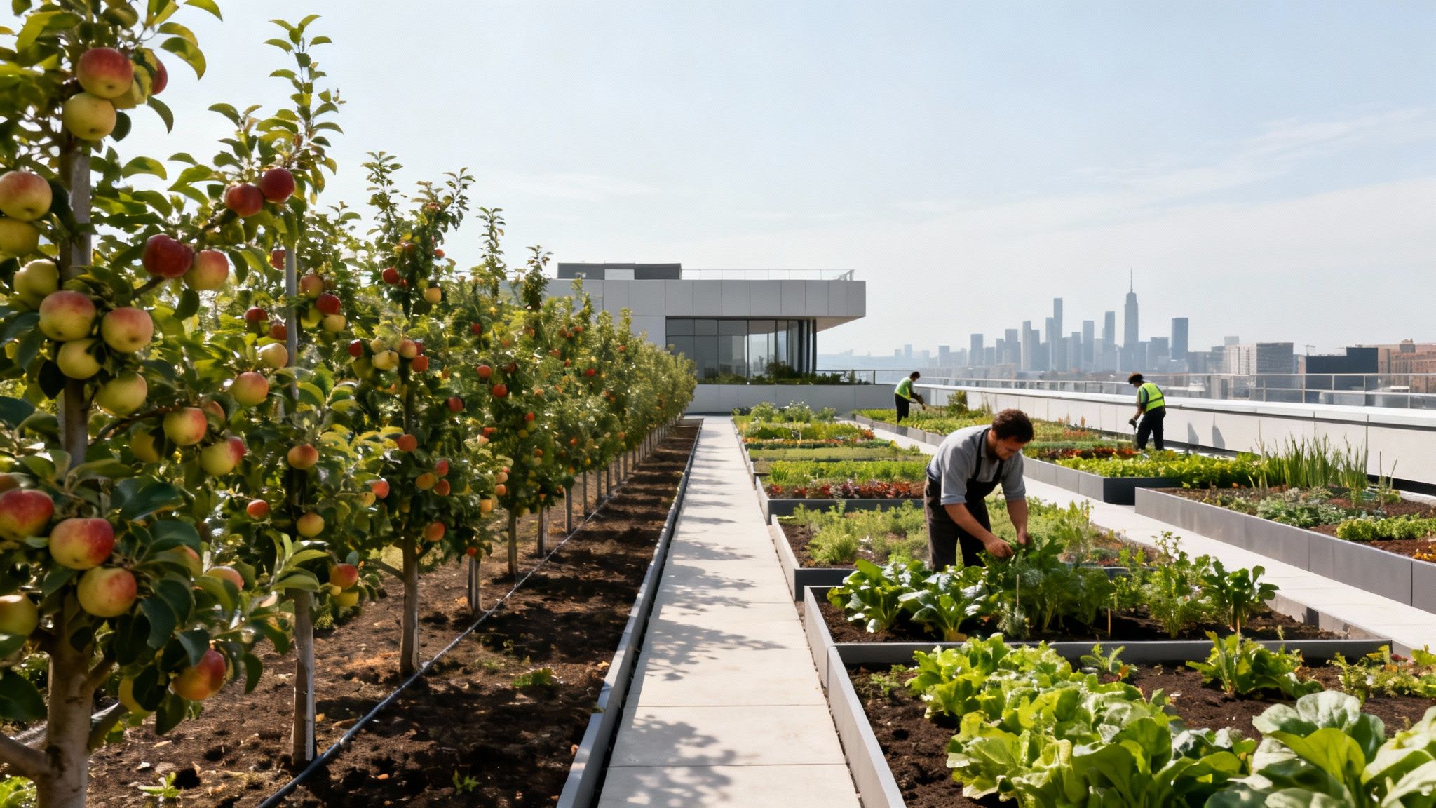 People tending to a lush rooftop garden with apple trees, vegetable beds, and a city skyline.