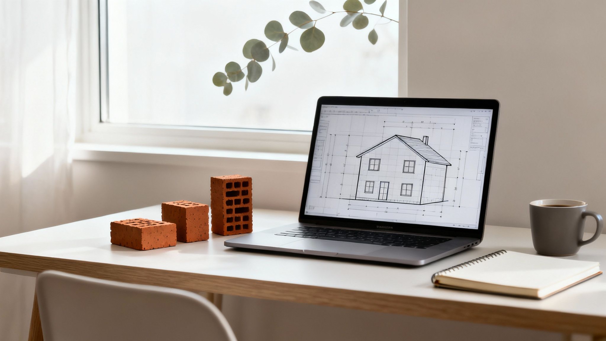 Laptop displaying a house blueprint with miniature bricks, coffee, and a notebook on a desk.