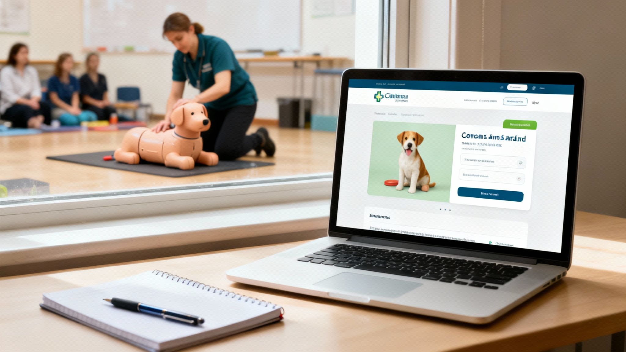A woman demonstrates canine first aid on a dog mannequin to a group, with a laptop showing a dog-related website.