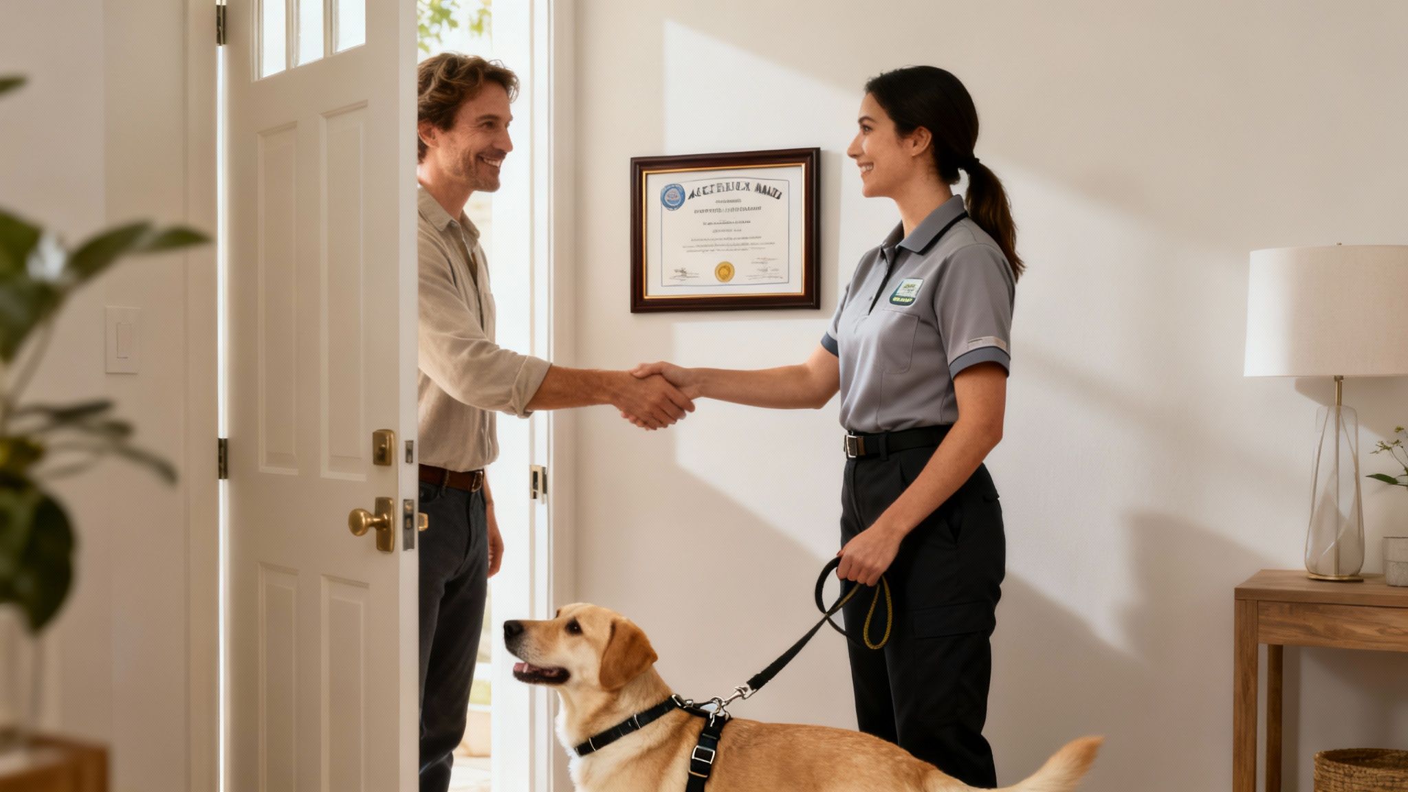 Professional woman in uniform with a yellow Labrador retriever shakes hands with a smiling man at a doorway.