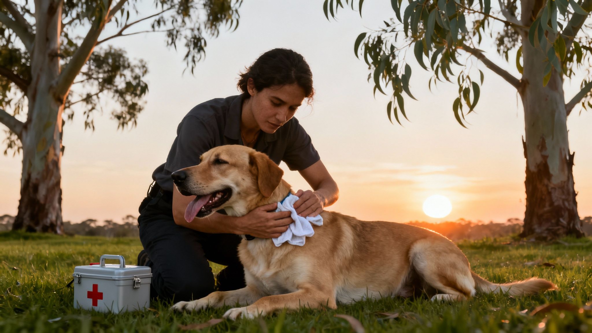 A person provides first aid to a golden retriever dog outdoors with a kit nearby at sunset.