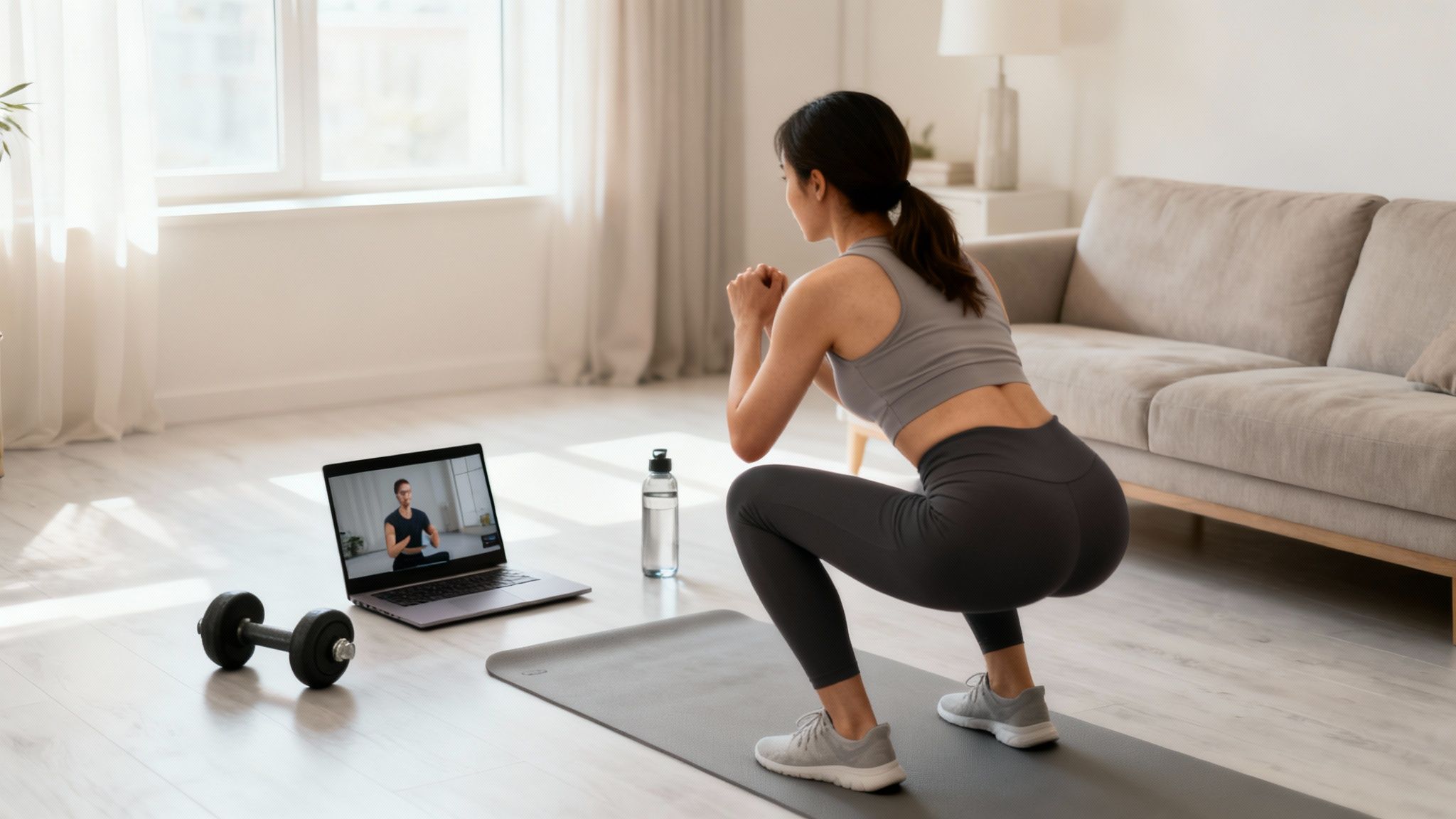 A woman does squats at home, following a fitness instructor on her laptop.