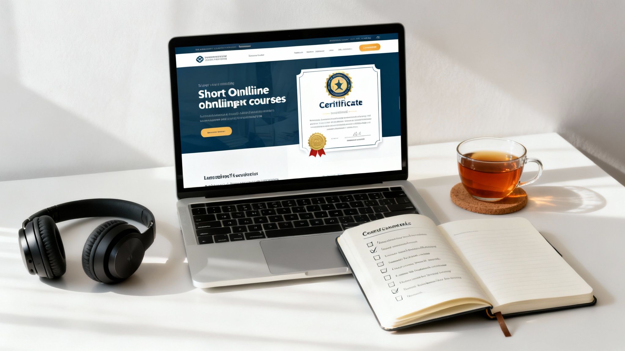 Desk scene with a laptop showing online courses and certificate, headphones, tea, and an open notebook.