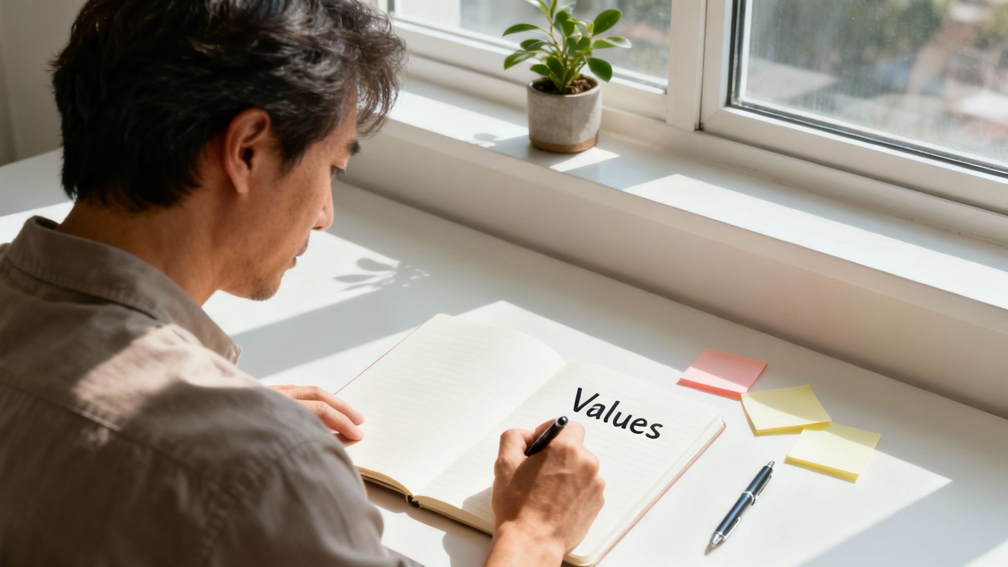 A man writes the word 'Values' in a notebook, reflecting by a sunlit window.