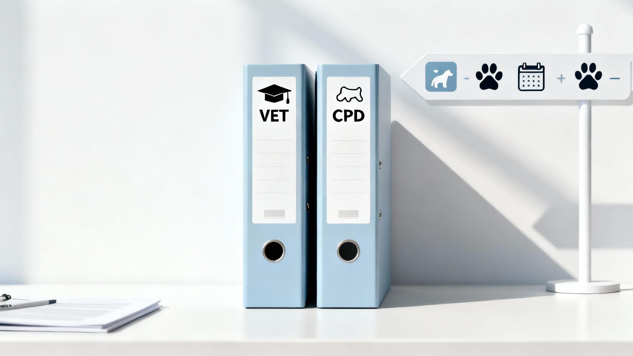 Two light blue binders labeled VET and CPD on a desk with an animal care signpost.