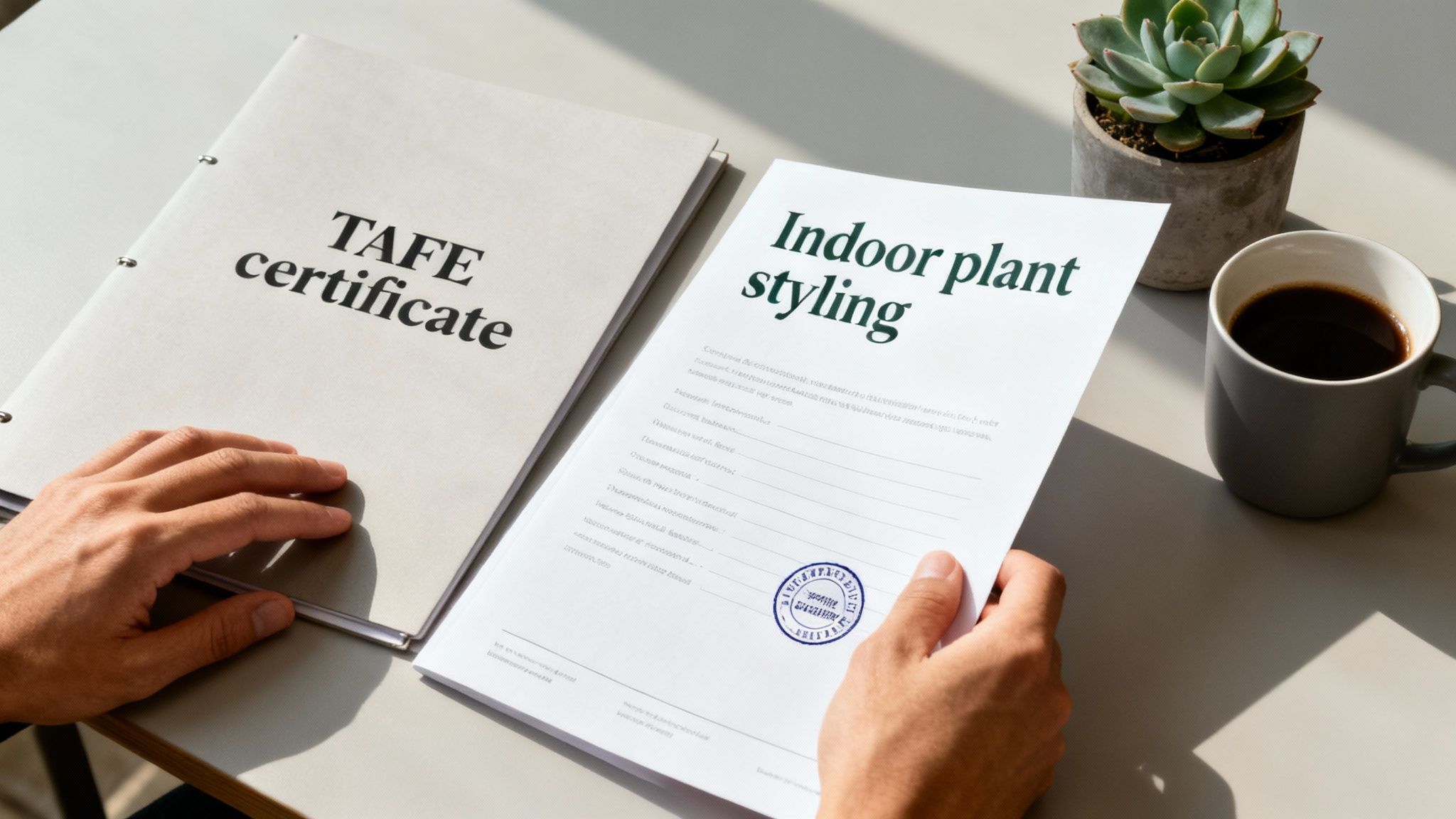 Hands holding an 'Indoor Plant Styling' certificate, with a TAFE certificate and coffee on a desk.