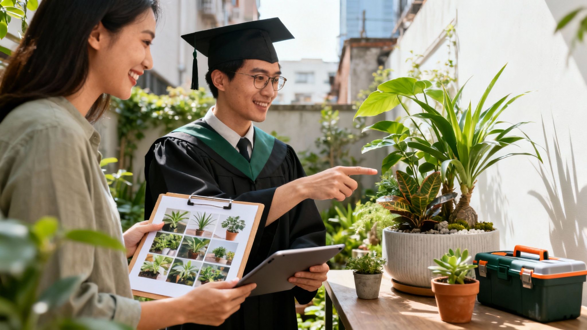 Graduating student and woman studying plants in a garden, holding a tablet and plant images.
