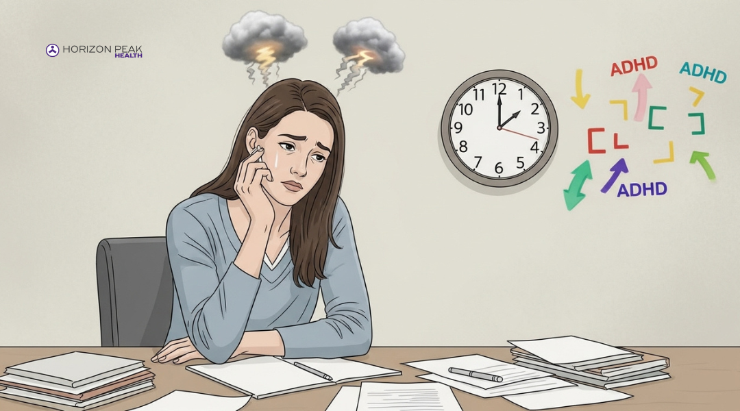 Illustration of a woman with ADHD showing overlap of anxiety, depression, and time blindness.
