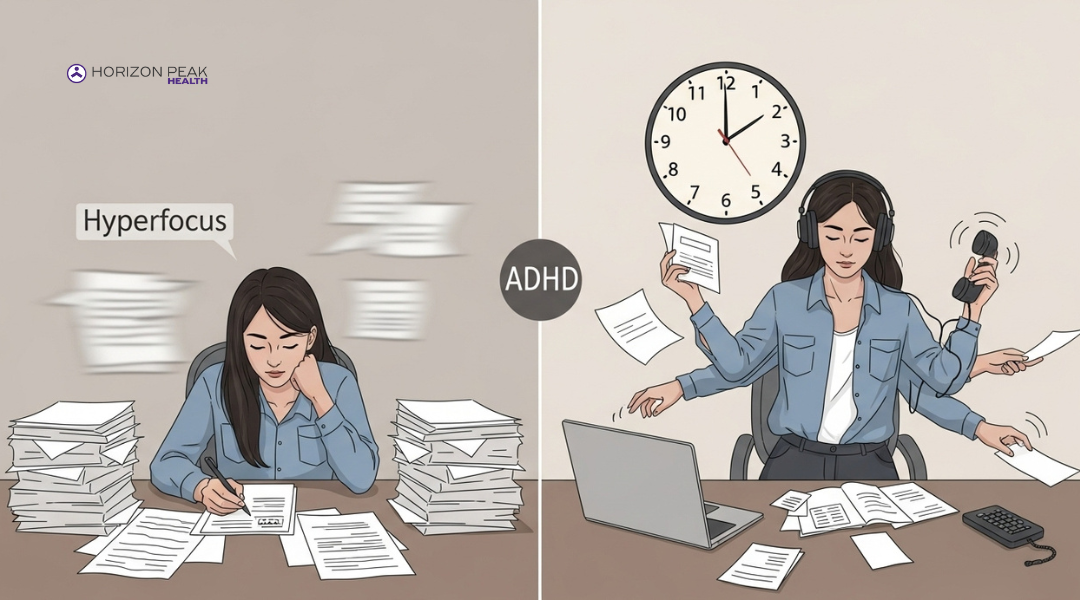 Illustration showing a woman with ADHD experiencing hyperfocus on one task while distracted by unfinished projects around her