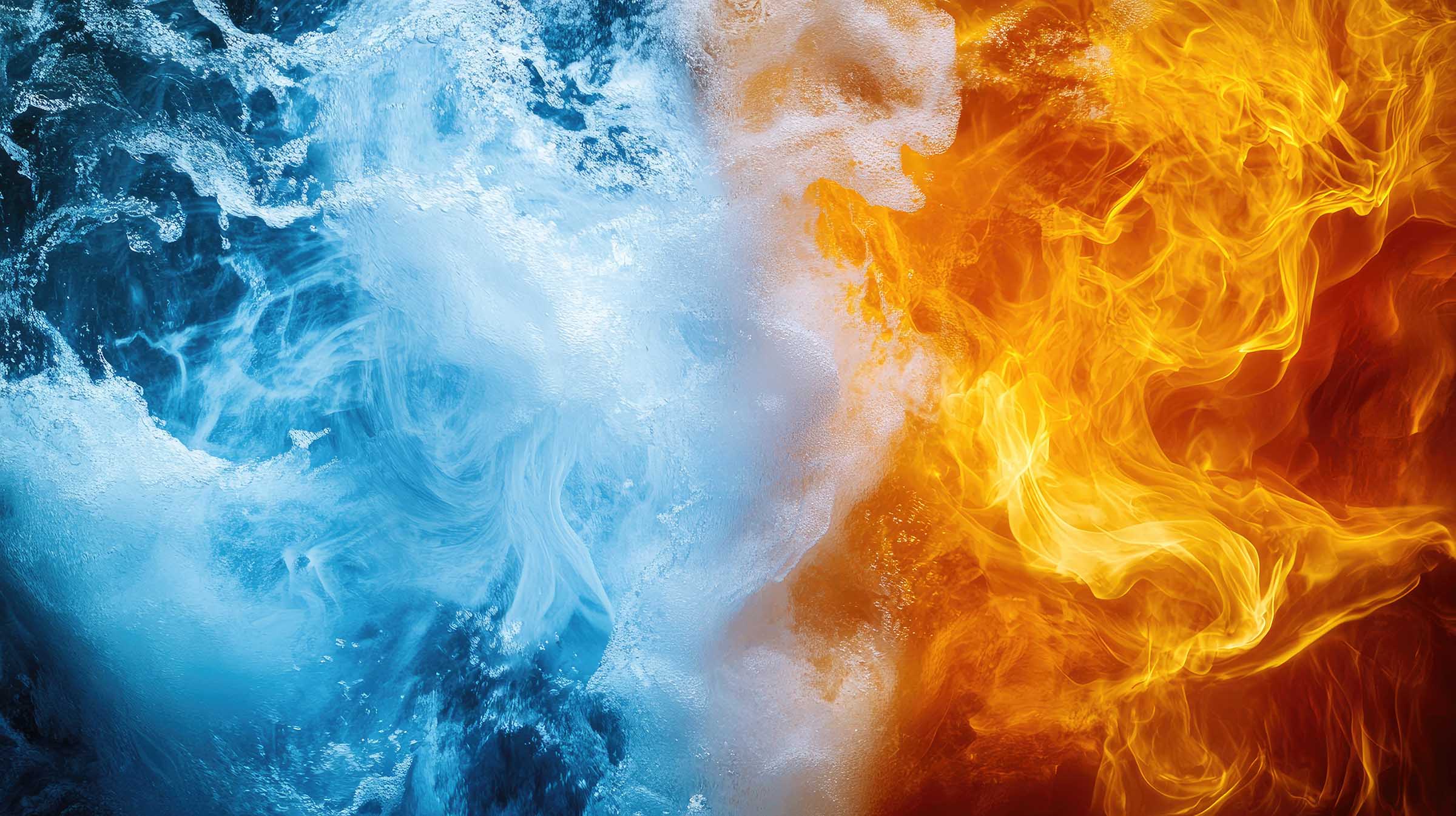 Een opvallend contrast van blauw water en oranje vuur symboliseert de elementale krachten