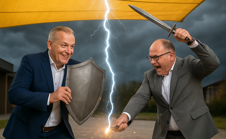 Schenker-Storen-CEO Marcel Frei links verteidigt sich gegen Vorwürfe von Mitbewerber Tim Füldner. (Bild: Roger Huber/Perplexity KI)