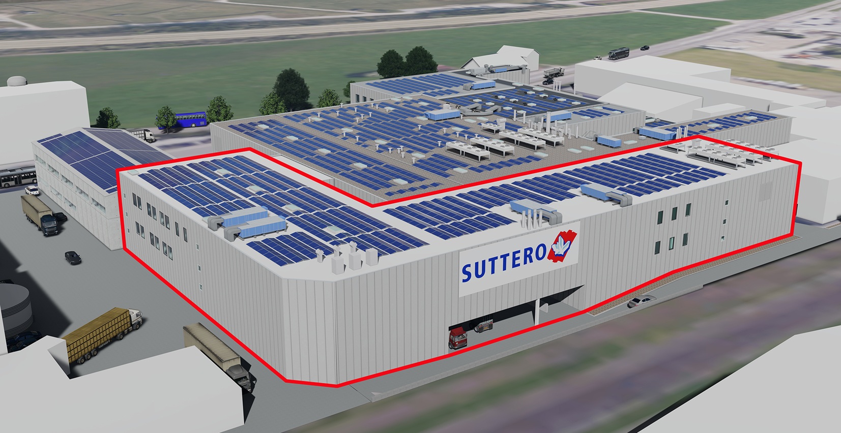 Das CAD-Modell zeigt, wie das Kompetenzzentrum Fleischwaren an der Schlachthofstrasse 20 in Gossau künftig aussehen wird. Rot markiert: der Erweiterungsbau. 231424_rtCPTaoT