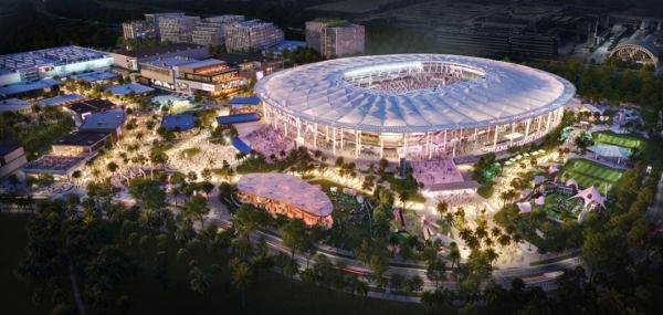Visualisierung des neuen Stadions von Inter Miami CF mit dem weitläufigen Areal von 131 Hektaren.