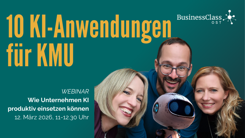 Das Webinar «10 KI-Anwendungsfälle für KMU» der KI-Kursplattform KI Power Swiss findet in Zusammenarbeit mit «Business Class Ost» statt.