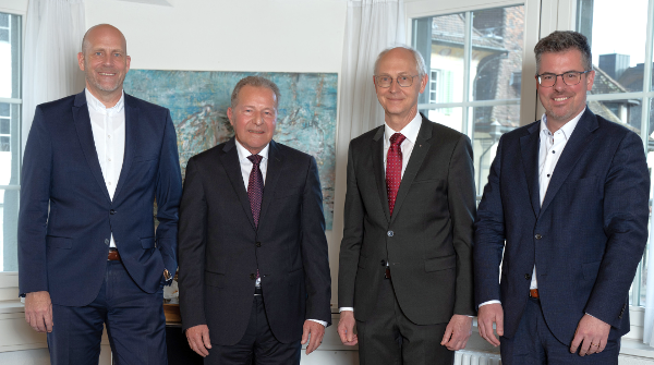 André Haberling, CEO RBM, Thomas Stäheli, VRP RBM, Stephan Weigelt, VRP acrevis Bank, und Michael Steiner, CEO acrevis Bank. (v.l.)