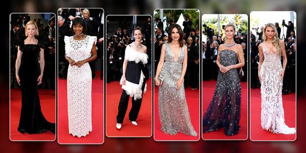Cate Blanchett (Forster Willi), Aja Naomi King (Miu Miu, Forster-Willi-Stickerei), Vicky Krieps (Jakob Schlaepfer), Nicky Hilton, Elsa Zylberstein (beide Caroline’s Couture, Jakob Schlaepfer-Kreation.