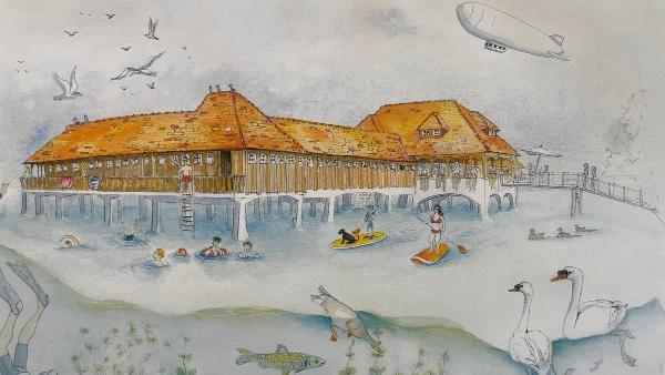  Ein Wimmelbild aus dem Buch «Erinnerungen an die Badhütte».