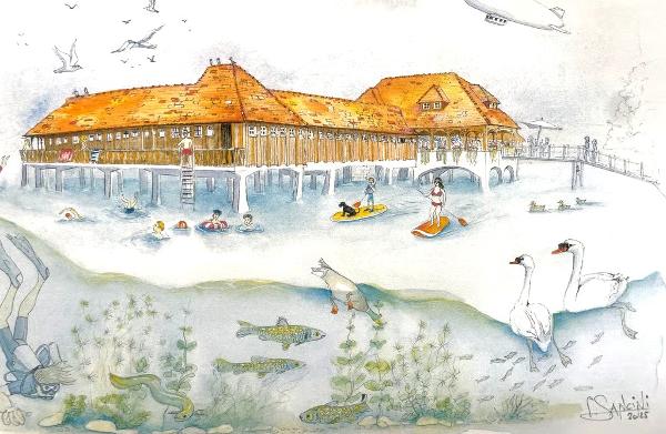 Ein Wimmelbild aus dem Buch «Erinnerungen an die Badhütte». Ein Wimmelbild aus dem Buch «Erinnerungen an die Badhütte».