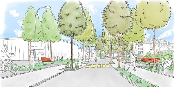 Die Visualisierung der Feldwiesenstrasse Süd in Altstätten zeigt, wie der Strassenraum im Rahmen des AP5 aufgewertet werden soll. Die Visualisierung der Feldwiesenstrasse Süd in Altstätten zeigt, wie der Strassenraum im Rahmen des AP5 aufgewertet werden soll.